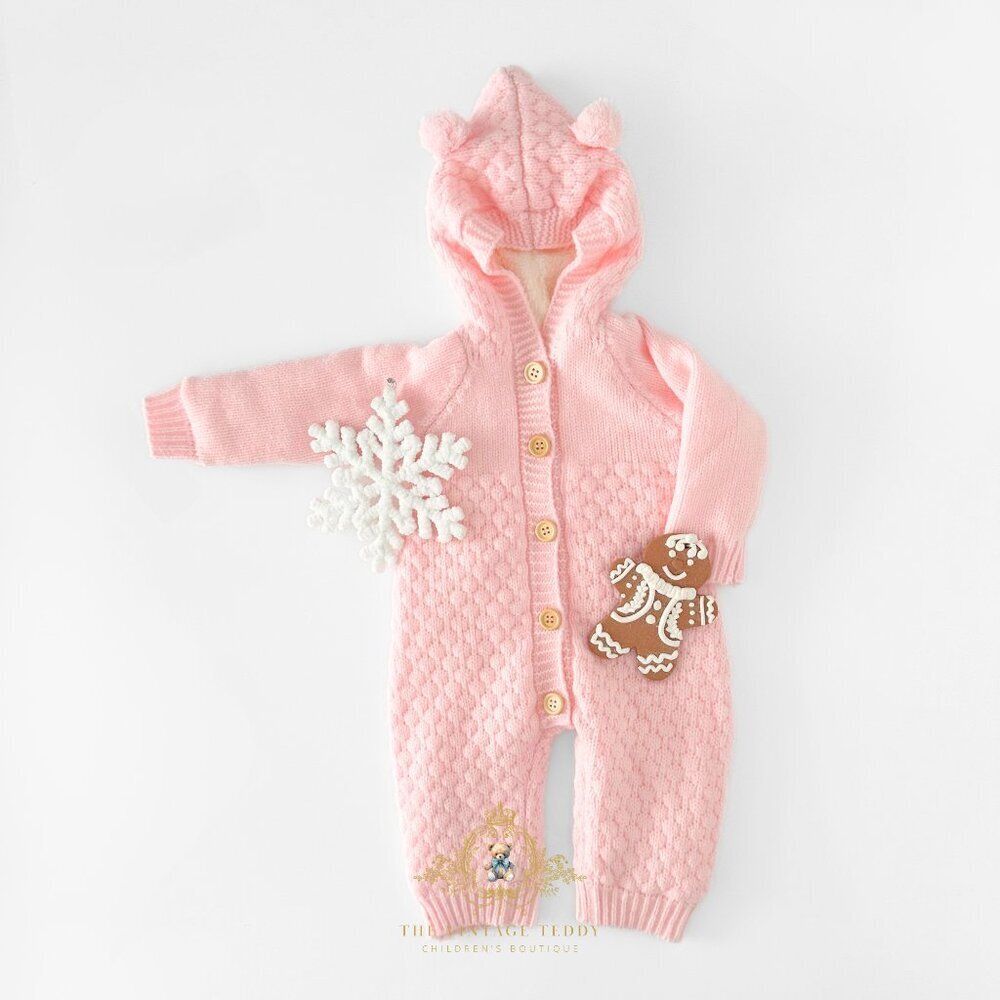 NWT Cute Girls Knit One-piece Bodysuit Sweater Teddy Bear Hoodie Pink 12-18M